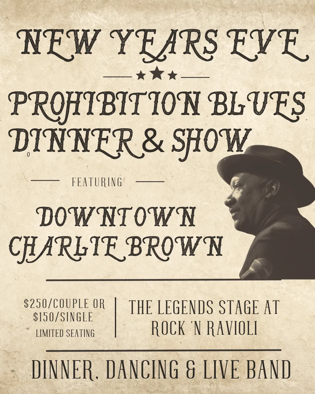ROCK ‘N RAVIOLI: NEW YEAR’S EVE PROHIBITION BAR BLUES with DOWNTOWN CHARLIE BROWN